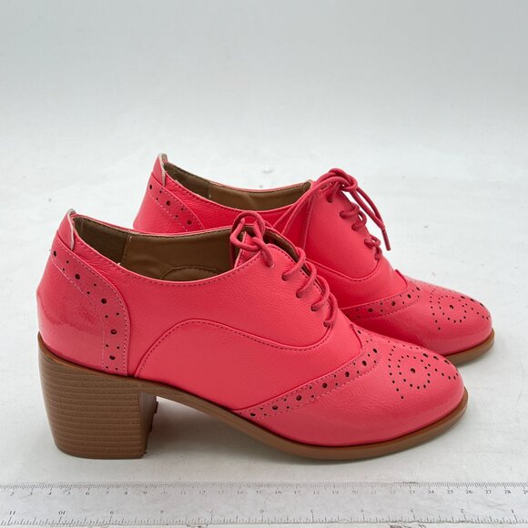 FOWT Pink Women's Perforated Lace-Up Oxfords Almond Toe Mid Chunky Heel Shoes - Picture 4 of 8